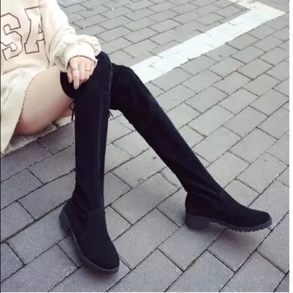 CLEARANCE RESTOCK Vegan Suede Velvet Black Sexy Flat Over Knee Line Boots - Picture 3 of 11